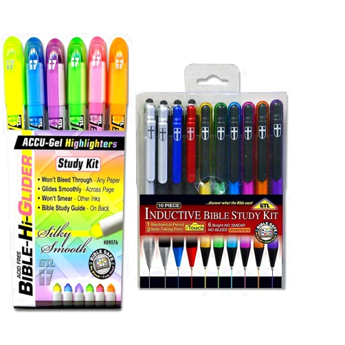 G.T. Luscombe Company, Inc. Accu-Gel Bible Highlighter Study Set (Set of 6) + 10 Piece Inductive Bible Study Pen/Pencil Set Bundle | No Bleed Pigmented Ink | No Smearing or Fading | Precise Tip Size