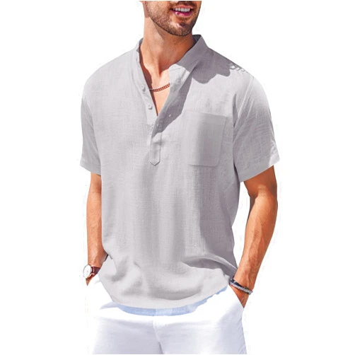 COOFANDY Men's Cotton Linen Henley Shirt Short Sleeve Hippie Casual Beach T-Shirts with Pocket