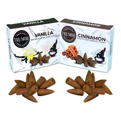 TRUMIRI Backflow Incense Cones - Combo Pack of 20 Incense Cones Waterfall - 10 Vanilla + 10 Cinnamon - Incense Backflow Cones - Waterfall Incense Cones - Incense Waterfall Cones