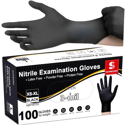 Schneider Nitrile Exam Gloves, Black Latex Free Powder Free Disposable Gloves for Medical, Cooking, Cleaning, and Food Prep