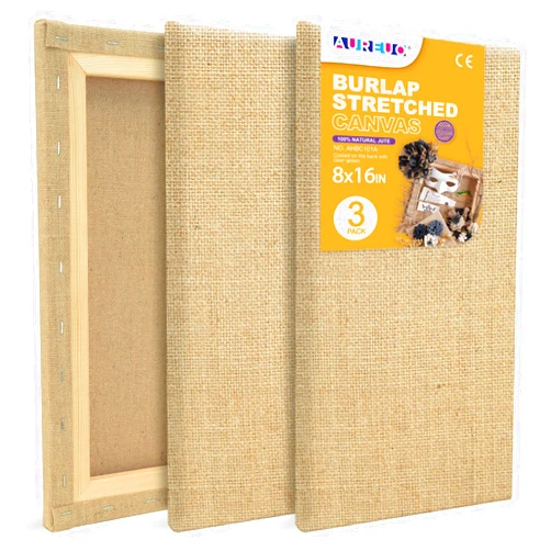 AUREUO Stretched Burlap Canvas, 8x16 Inch/3 Pack - 100% Natural Jute, Transparent Gesso Primed Blank Stretched Canvases for Oil & Acrylic Painting, Arts & Craft Projects, Wedding & Home Decoration
