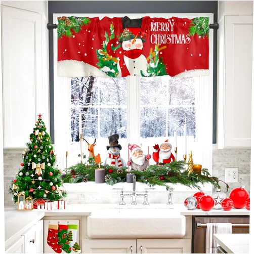 ERXPOOD Christmas Rod Pocket Kitchen Window Valances, Cartoon Snowman Short Drapes for Windows Winter Xmas Tree Snowflake Privacy Valance Curtain Panel for Bedroom/Living Room/Bathroom Vintage Red