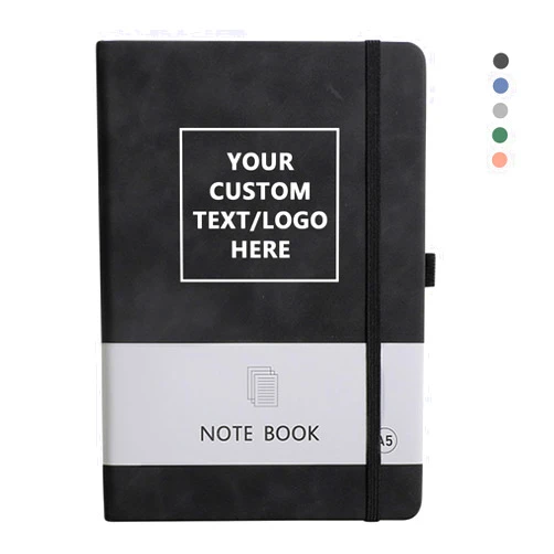 Vebermo Personalized Notebook Custom Journal Notebook PU Leather A5 Can Embossed with Logo/Text/Image- 192 Lined Pages 8.3 x 5.9 Inch, Pen Loop, Elastic Band, Black Hardcover