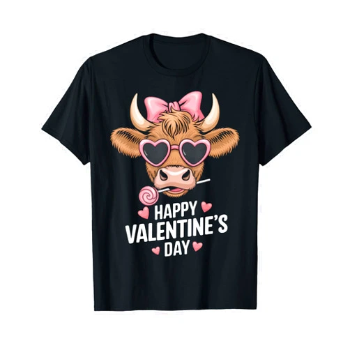 Valentines Pink Highland Cow Men Women Kids Gifts Happy Valentines Day Highland Cow Coquette Valentine Heart T-Shirt