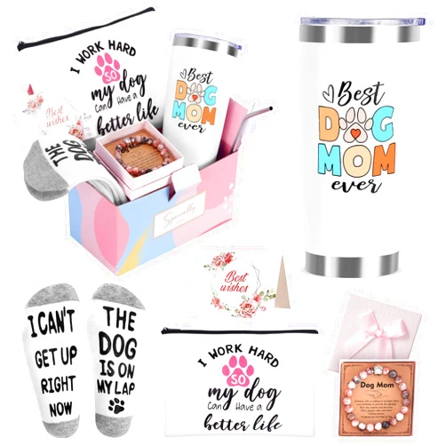 NaiCeay Dog Mom Gifts for Women, Dog Lover Gifts for Women, Dog Mom Mothers Day Gifts, Birthday, Christmas Gifts, 20oz Wine Tumbler Gifts Basket with Makeup Bag, Natural Stone Paw Bracelets, Socks