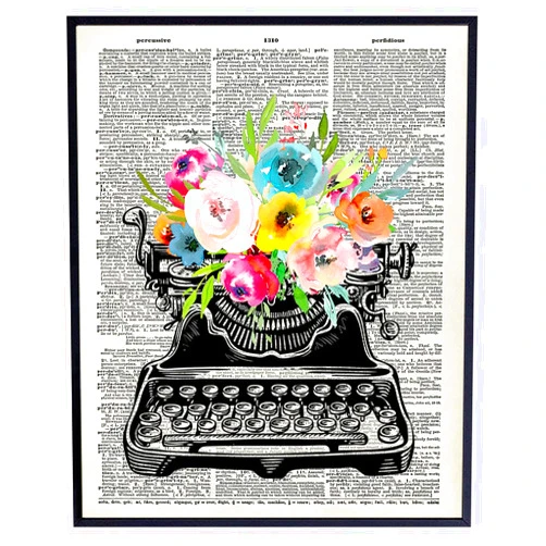 YELLOWBIRD ART & DESIGN Vintage Floral Typewriter Dictionary Wall Art - 8x10 Sentimental Upcycled Home Decoration, Apartment or Office Decor - Chic Unique Gift for Writer, Teacher, Journalist, Personal Assistant, Secretary