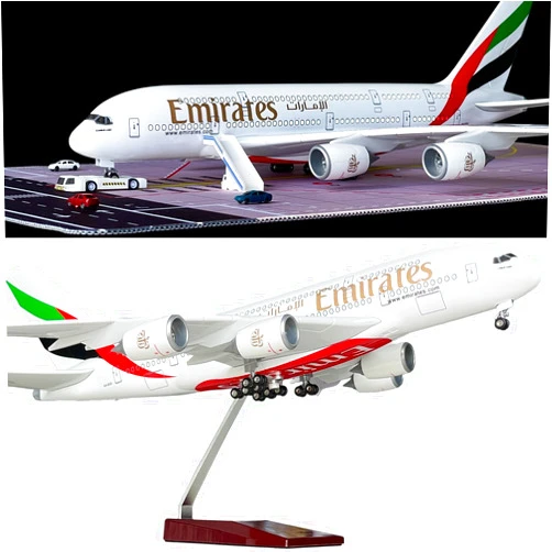 QOADXPC Airbus A380 UAE/Emirates 1/160 Scale Diecast Emirates A380 Airplane Model Kit with LED Lights, Highly Simulated Resin Material, Free Airport Scene Props for Collection or Birthday Gift