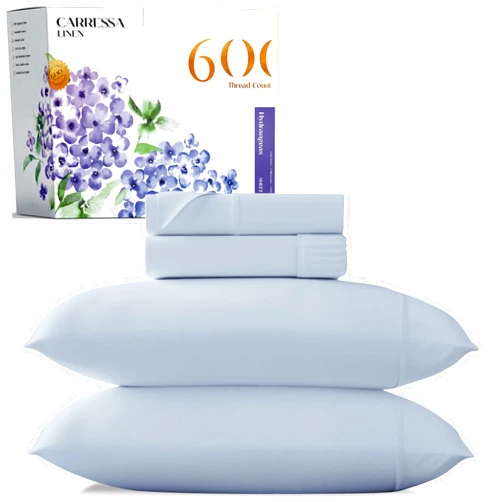 Carressa Linen Luxury Egyptian Cotton 4 PC Queen Size Sheet Set - 600 Thread Count Deep Pocket Fitted and Flat Sheets, Soft, Cooling Extra Long Staple Hotel Bedding with Sateen Weave - Sky Blue