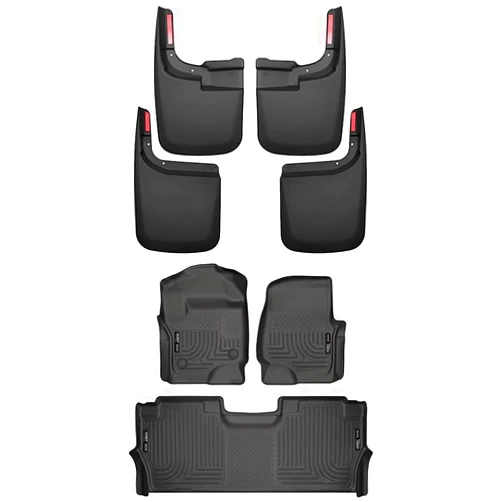 Husky Liners — Weatherbeater Floor Liners & Mud Guards | Fits 2017-2023 Ford F-250/F-350, F-450 Crew Cab w/Fold Storage, Front & 2nd Row, Front & Rear Guards - Black, 8 pcs. | 94061 & 58466
