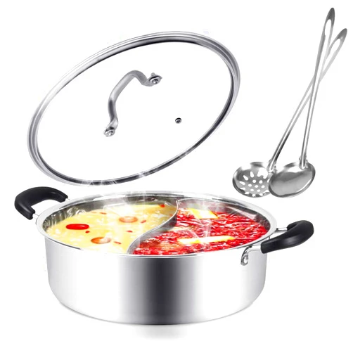 Kerykwan 304 Food Grade Stainless Steel Shabu Shabu Hot pot with Divider&Lid for Induction Cooktop Gas Stove Dual Sided Soup Cookware