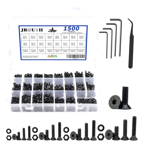 JROUTH 1500pcs Screws Assortment , M2 M3 M4 M5 10.9 Grade Alloy Steel Hex Flat Head Cap Bolts Nuts Washers Assortment Kit with Hex Wrenches