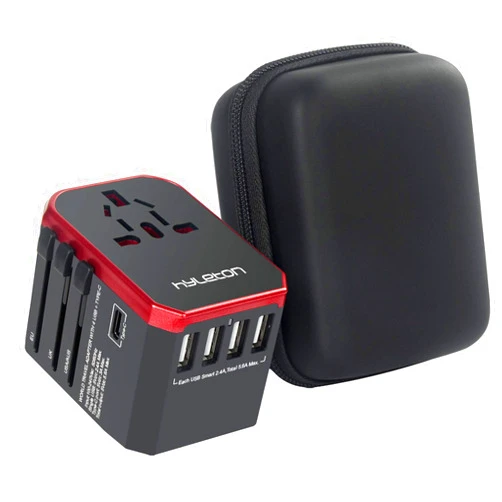 hyleton Worldwide Travel Adapter, 4 USB Ports with 5.6A High Speed Charger and 1 3.0A Type C International Wall Charger All in One Universal Adaptor for Mobile Phones and Tablets Black+Red
