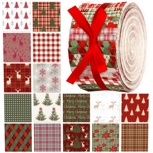 Fanfanwin 40 Pcs Christmas Quilting Fabric Roll 2.56 Inch Precut Fabric Squares Jelly Patchwork Snowflake Strips Materials for Valentines Xmas Craft Sewing DIY(Woodland Plaid)