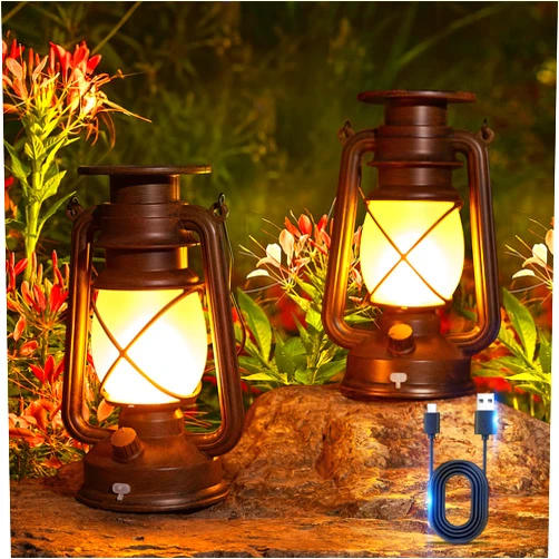 KOOPER Solar Lantern Outdoor Lights, Vintage Flickering Flame Solar Lanterns Lights Outdoor Waterproof, Hanging Outdoor Solar Lanterns Lights, Rechargeable Lantern for Camping Halloween Decor 2 Pack