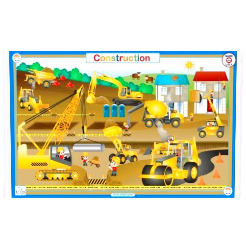 Tot Talk Construction Educational Placemat for Kids – Made in USA – Durable, Double-Sided, Construction Equipment Facts & Coloring– Waterproof, Wipeable, 17.5” x 11.5”