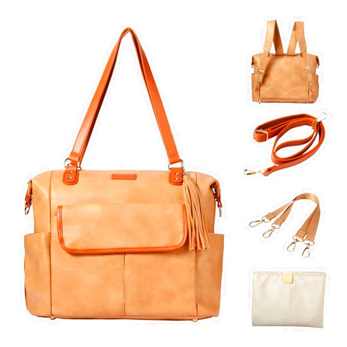 Johomviin Diaper Bag Tote Fashion Leather Diaper Bag Backpack with 13 Pockets for Mom Dad, Large Travel Baby Bag Purse for Boys Girls with 3 Insulated Pockets, Changing Station - Light Brown