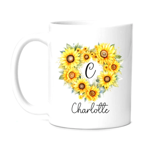LASNECK Personalized Sunflower Heart Coffee Mug, Custom Name On Floral Frame Tea Cup, Customized Sunflowers Design Cup, White Porcelain Cup, Unique Cup Gifts For Sunflower Lovers