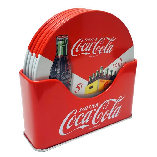 The Tin Box Company Coke 6 pc Coaster Set with Standing Metal Holder, Red