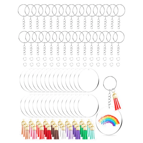 YETOOME 120 Pcs Key Ring Acrylic Blanks Keychain Tassels Set, 2 Inch Round Clear Acrylic Keychain with Chain Jump Rings and Colorful Keychain Tassels for DIY Keychain Vinyl Crafting