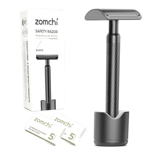 ZOMCHI Double Edge Safety Razor with Razor Stand, Men’s Metal Razor with 10 Safety Razor Blades, Reusable Razor for Men & Women - Matte Black
