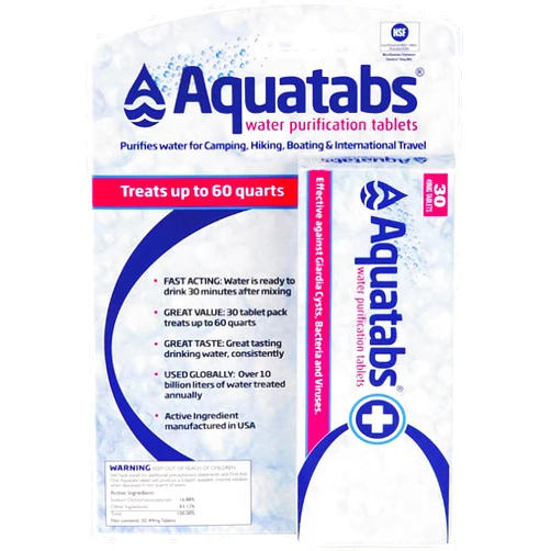Aquatabs 49mg Water Purification Tablets (30 Pack). Water Filtration System for Hiking, Backpacking, Camping, Emergencies, Survival, and Home-Use. Easy to Use Water Treatment and Disinfection.
