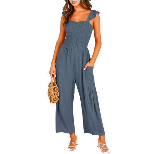 ANRABESS Women Summer Casual Dressy Sleeveless Smocked Wide Leg Linen Jumpsuits Rompers 2024 Trendy Travel Outfit Pocket