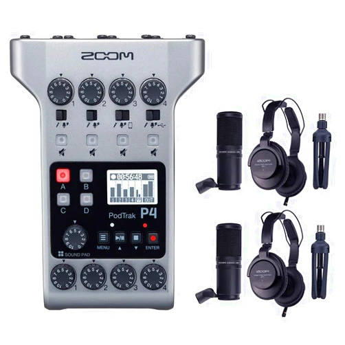 Zoom PodTrak P4 Portable Multitrack Podcast Recorder Bundle with 2X Zoom ZDM-1 Podcast Pack