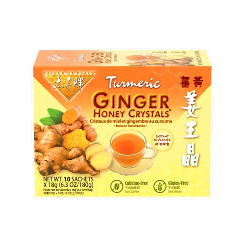 Prince of Peace Instant Ginger Honey Crystals with Turmeric, 10 Sachets – Instant Hot or Cold Beverage that Soothes Throat – Easy to Brew – Drink Like a Tea – Gluten Free – Real Ginger