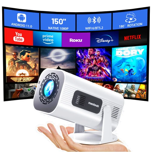 Mentech Mini Projector with WiFi and Bluetooth, 180°Adjustable Stand Smart Projector, 150