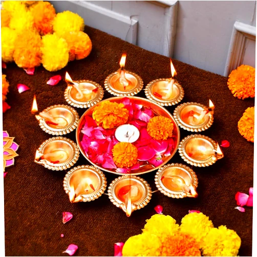 Kalakriti Metal (Pack of 2, 12 inch) Diya Shape Flower Decorative Urli Bowl for Home Floating Flowers and Tea Light Candles Home Table Decor| Diwali Decoration Items, Golden