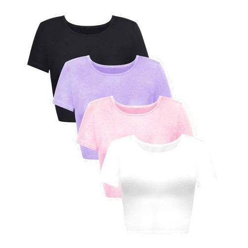 Syhood 4 Pack Women's Basic Tight Short Sleeve Women Cute Trendy Crop Tops Scoop Neck Crop for Women or Teen Girls