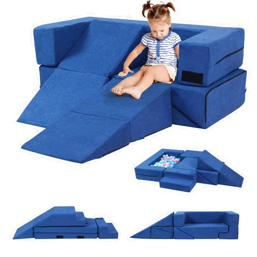 MOOZHEALTH Kids Play Couch, Modular Toddler Foam Sofa with Chenille Fabric Cover Children Convertible Soft Playset Climbing Building Blocks for Playroom Nursery Creative Boys & Girls (Blue)
