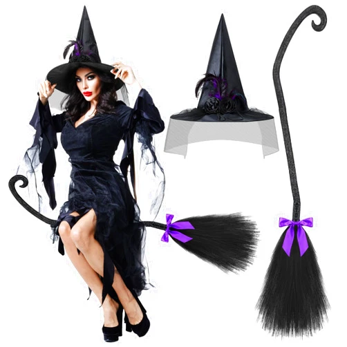 Hercicy 2 Pack Halloween Witch Broom Hat Set Witch Cosplay Costume Black Witch Hat with Bead Flower Feather and Broom with Purple Bow Witch Broom Costume Accessories Props for Halloween Party Supplies