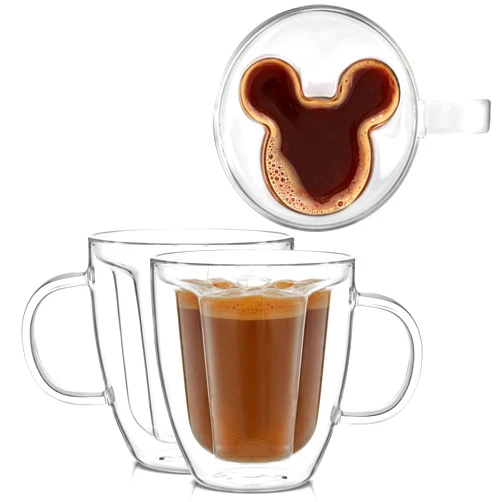 JoyJolt Disney Mickey Mouse 3D Coffee Cups 10oz. Glass Cups Set of 2 Insulated Double Wall Glass Coffee Cups with 3D Design. Insulated Coffee Cup Set. Unique Coffee Mugs, Espresso, and Disney Cups
