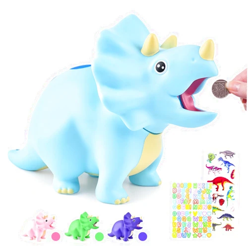PJDRLLC Dinosaur Piggy Bank for Kids, Unbreakable Plastic Money Coin Bank for Boys and Girls, Great Gifts for Birthday, Easter, Baby Shower (Blue)