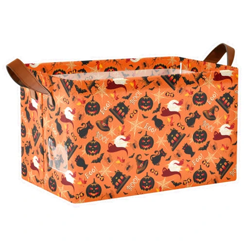 Yasala Halloween Shelf Basket Ghost Castle Jack-o-lantern Owl Cat Boo Foldable Nursery Storage Bin Organizer Closet Bin with Handle Clothes Container Laundry Hamper Decorative Cube