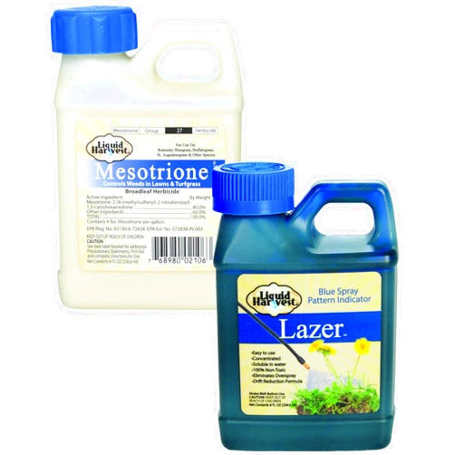 Liquid Harvest Mesotrione Bundle - 8 Ounces - Mesotrione Concentrate (Compare to Tenacity) - Pre and Post-Emergent Weed Killer for Lawn and Turf Grasses with 8oz Spray Pattern Indicator