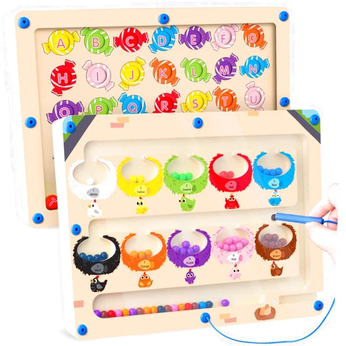 PAISHENKEJI 2 in 1 Magnetic Color and Number Maze: Montessori Toys for 3+ Years Old Double-Sided Magnetic Alphabet Maze Board Alphabet Learning Toys Color Sorting Games Wooden Magnet Maze