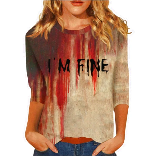 GOFULY Halloween Shirts for Women Plus Size Fall 3/4 Sleeve Tops Dressy Casual Crewneck Tunic Top Retro Halloween Print Shirt