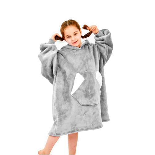 Ramees Wearable Blanket Hoodie for Kids, Sherpa Oversized Sweatshirt Blanket Flannel with Hood Pocket and Sleeves (Grey)