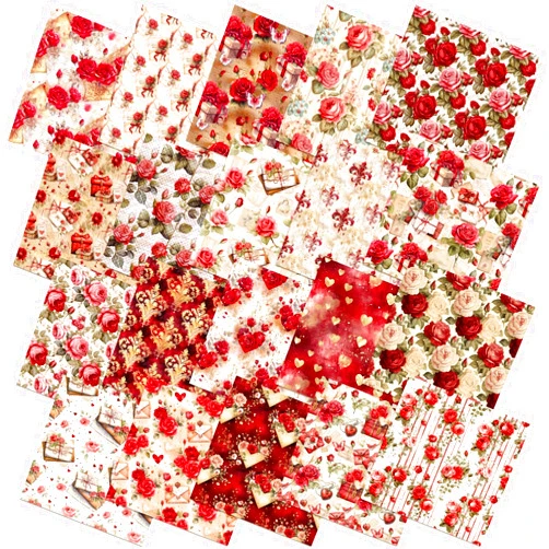 HunnmingRe 20 Pcs 10''x10'' Vintage Valentines Quilting Fabric Square Bundle Love Heart Precuts Quiltted Fabric Red and Pink Rose Printed Patchwork Supplies for DIY Material Sewing Craft Strips