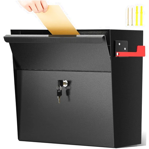 Yaocom Wall Mount Mailboxes 15.35 x 15 x 7 Inches Locking Security Mailboxes for Outside Galvanized Steel Wall Mailbox Large Capacity Black Post Box with Key Lock and Reflective Stickers