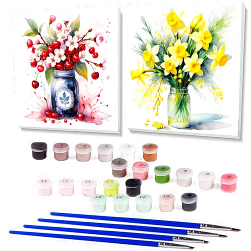 Fotasmua 2 Pack Paint by Numbers Kit for Adults Kids with Wooden Frame, Easy Acrylic Paint by Numbers on Canvas with Paints and Brushes, Flower Paint by Numbers for Kids Present for Wall Decor 8X8Inch