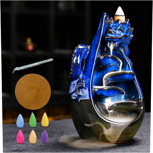 HaisWonsa Dragon Incense Burner - Ceramic Backflow Waterfall Burner with Dragon Smoke Fountain, Incense Holder, Cones & Tweezer & Fire Mat for Aromatherapy/Yoga/Home/Office Deco