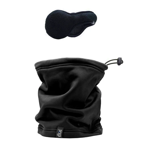 180s Men's Tec Fleece Behind-the-head Ear Warmer, Cold Weather Winter Earmuffs + Convertible Multifunctional Neck Warmer, Winter Neck Gaiter (Black, Ear-Warmer + Neck Gaiter Set)