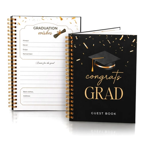Paper 'n Such Black and Gold Graduation Guest Book, Hardcover Spiral Book with Confetti Design - Grad Party Supplies Favors