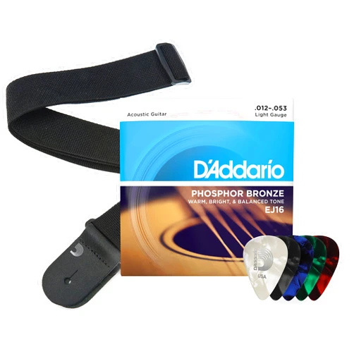 D'Addario Acoustic Guitar Strings Bundle - Includes 6-String Set of EJ16 Phosphor Bronze Light 12-53, 10 Celluloid Medium Picks, 1 Poly Pro Strap