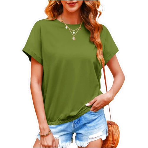 Tankaneo Women Short Cap Sleeve Tops Summer Casual Banded Sweatshirt Crew Neck Loose Fit T-Shirts