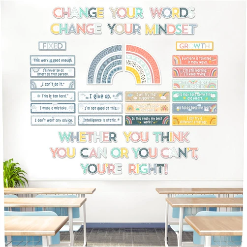 Pajean 38 Pcs Rainbow Growth Mindset Posters Bulletin Board Set Inspirational Poster Positive Sayings Accents Set Rainbow Motivational Posters for Teacher Student School Classroom Decor
