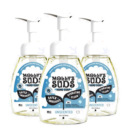 Molly's Suds Foaming Hand Soap - Made with Aloe and Coconut Oil | Moisturizing Hand Wash | Clean Ingredients, Infused with Essential Oils | Unscented - 8.25 Oz (Pack of 3)